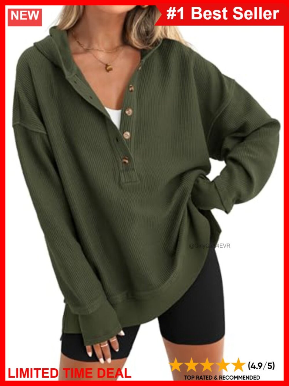 Oversized Button Down V-Neck Hoodie Sweatshirt Pullover